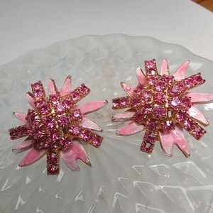 Vintage Pink Crystal & Enamel Flower Earring Clips 1" Gold Tone